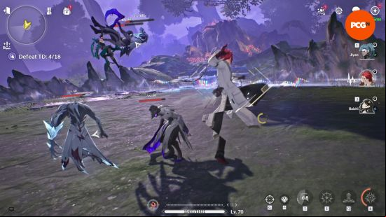 Mortefi, one of the Wuthering Waves Resonators, hangs suspended in the air moments before he unleashed a plume of fire upon a group of nearby enemies.