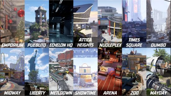 All 14 XDefiant maps listed side by side, with a small image of each.
