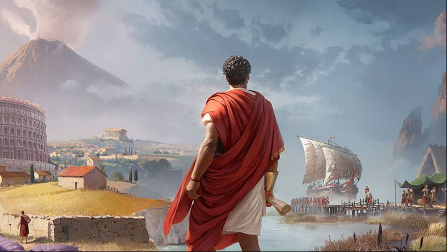 The Roman governor from Anno 117 stands in front of a varied series of Roman style landmarks.