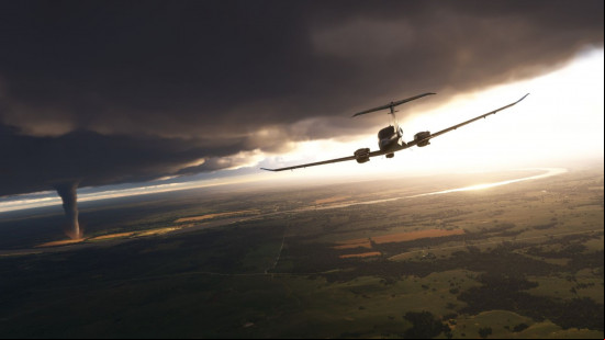 A plane heading towards a tornado in Microsoft Flight Simulator 2024