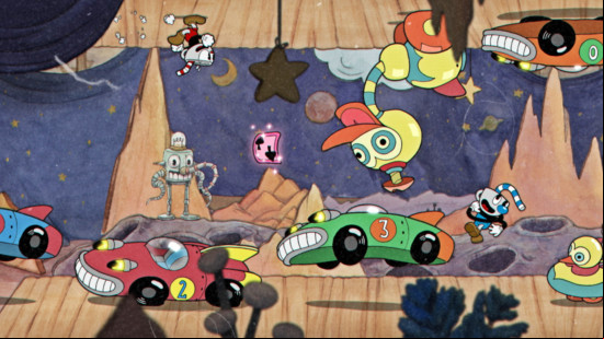 Cuphead defies gravity to avoid a procession of toy cards in Cuphead, one of best platform games.