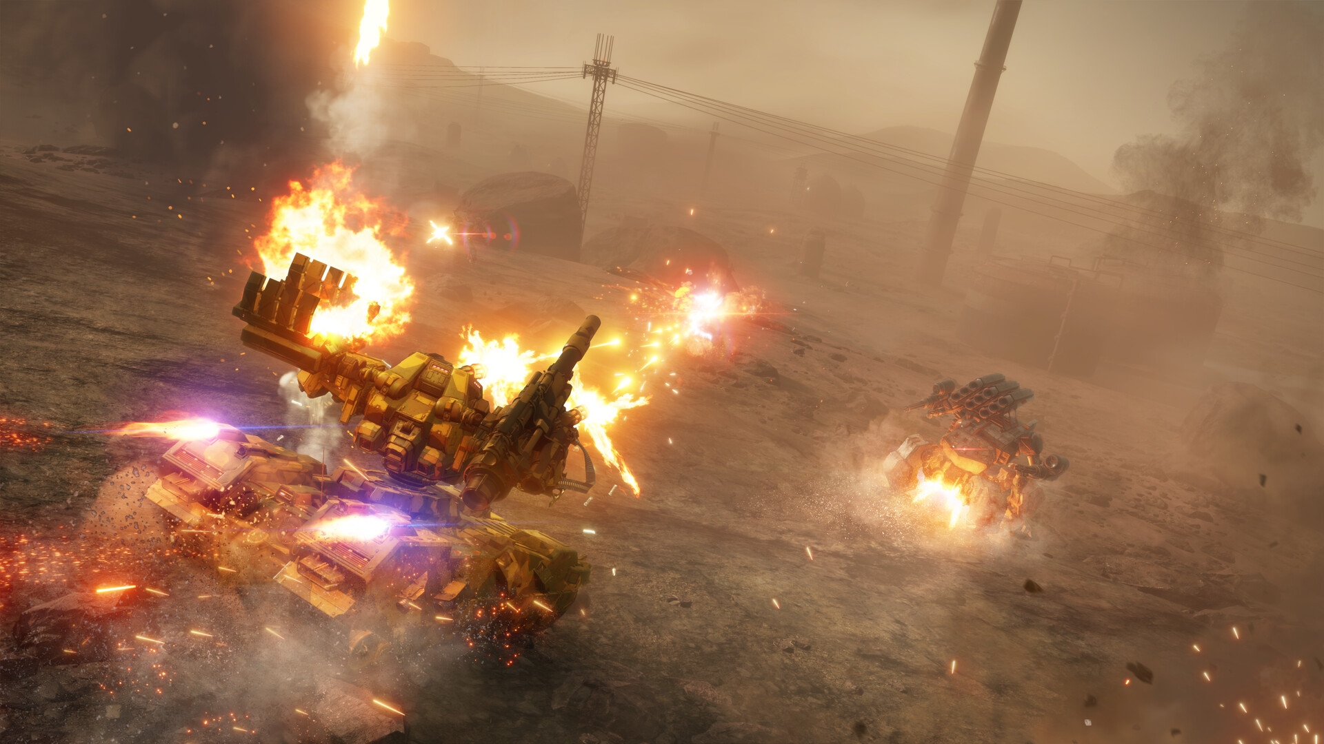 Best tank games: Armored Core 6: Fires of Rubicon. Image shows a tank-like mech doing battle with another mech.