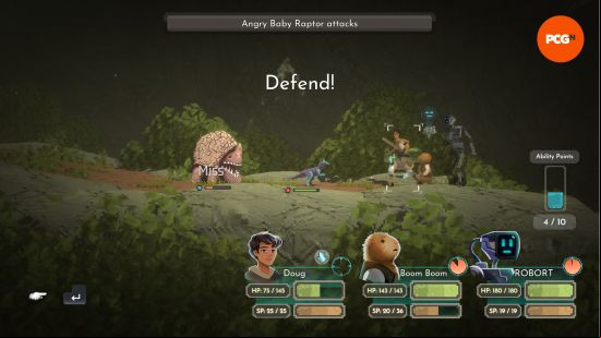 A team of three characters band up against two creatures in the turn-based combat of the Beyond Galaxyland Steam Next Fest demo.