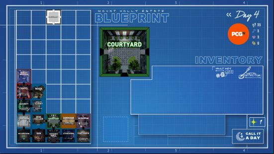 A part-completed blueprint and inventory screen from Blue Prince.