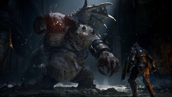 a knight facing the massive vanguard demon in demons souls