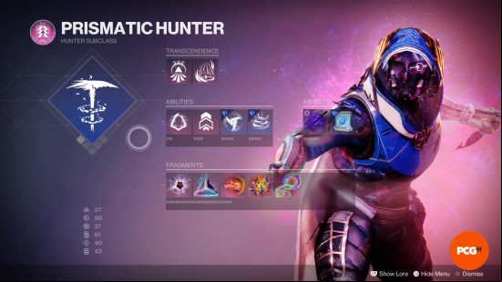 Destiny 2 Prismatic builds: A Prismatic Hunter build in the setup screen, with the character posing on the right.