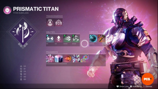 Destiny 2 Prismatic builds: A Prismatic Titan build in the setup screen, with the character posing on the right.