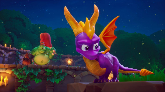 Spyro crouches on a ledge as a Gnorc looks on in Spyro Reignnited Trilogy, one of the best dragon games.