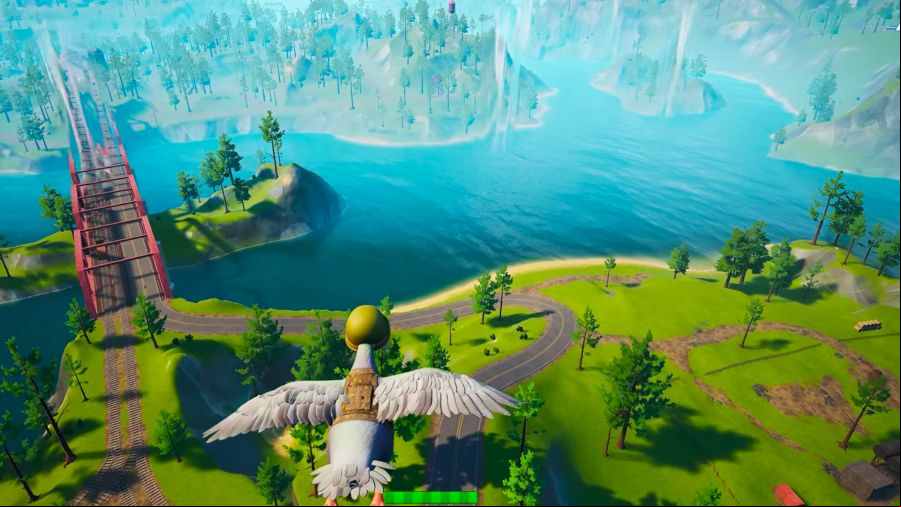 a duck flying above a grassy landscape