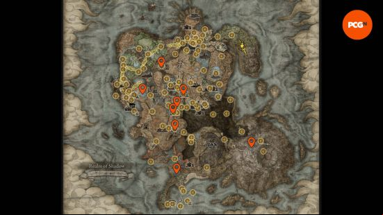 Elden Ring Ancient Dragon Smithing Stone locations: map of the Realm of Shadow with all the dragons and ancient smithing stones pinned.