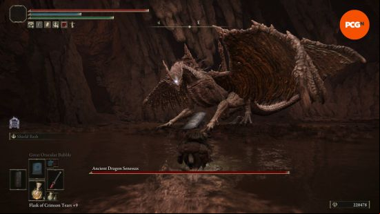 Elden Ring bosses: the Tarnished is riding Torrent into battle against a big dragon.