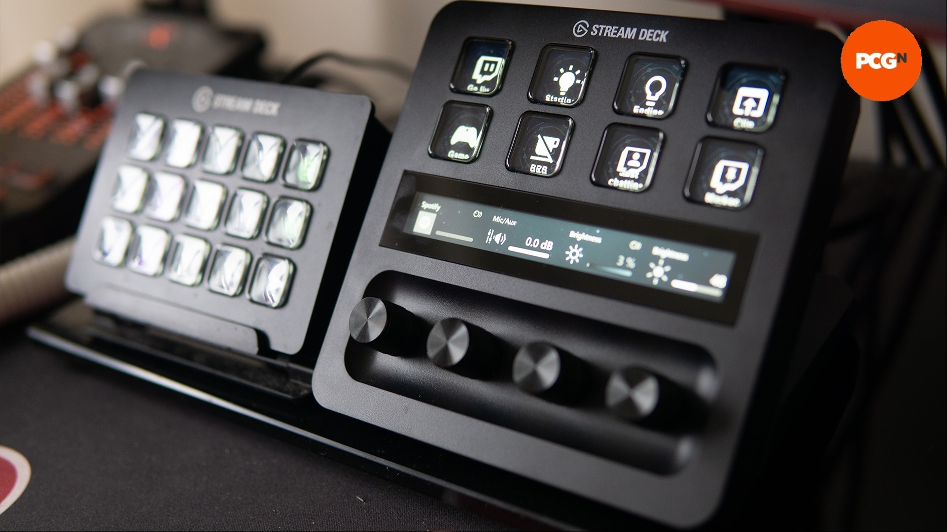 Elgato Stream Deck plus review image showing the product at an angle from the side.