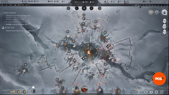 A top-down screenshot of a frozen colony in Frostpunk 2, one of the best RTS games.