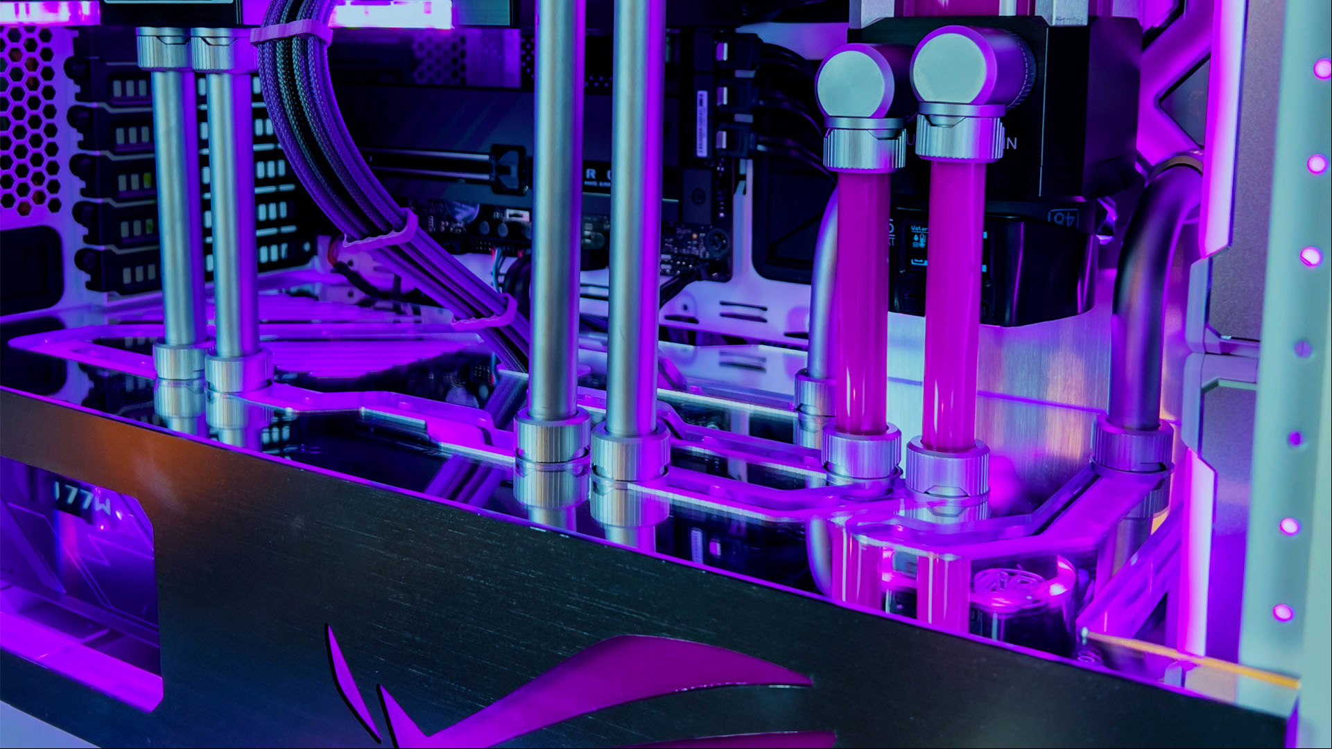 The chrome watercooling tubing in the Hall of Mirrors gaming PC