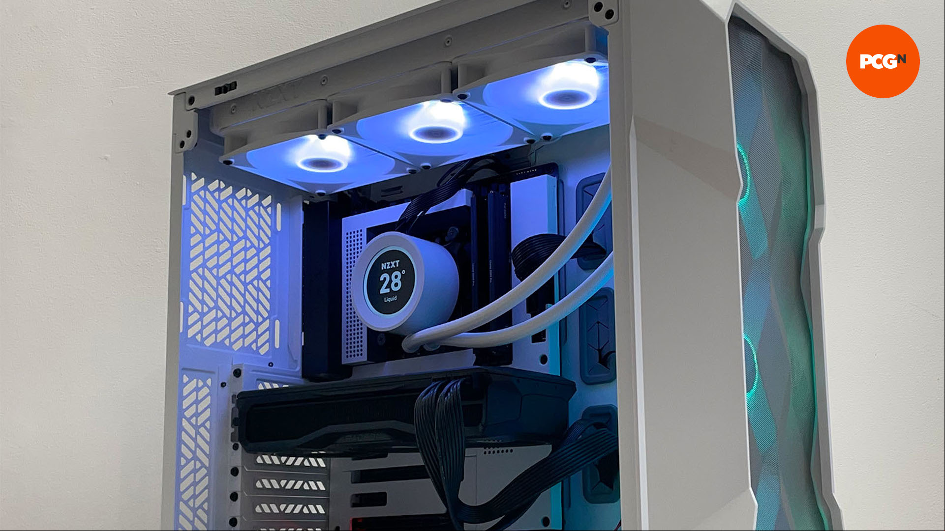 NZXT Kraken Elite 360 RGB installed in a white case above the GPU