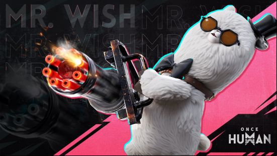 My Wish, an AAlpaaca toy wearing a tiny top hat and sunglasses fires a small minigun in Once Human.