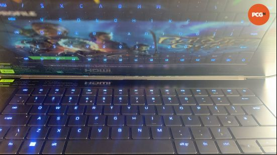 Razer Blade 16 (2024) review: Reflection of keyboard RGB lighting on screen