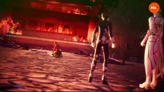 The flaming Jozoji Temple in in Shin Megami Tensei V: Vengeance
