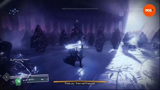 The player takes a glowing sword and smashes a dissenter statue