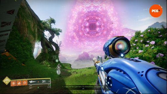 The Final Shape review: A person holidng a gun looks at a large triangle-shaped portal
