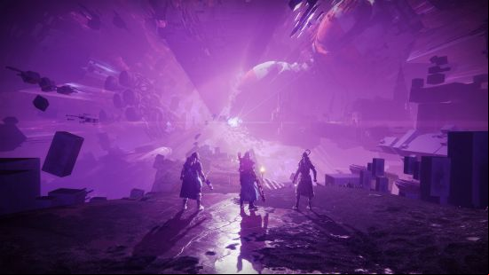 The Final Shape review: Three figures stand looking at a purple pathway with dised platforms