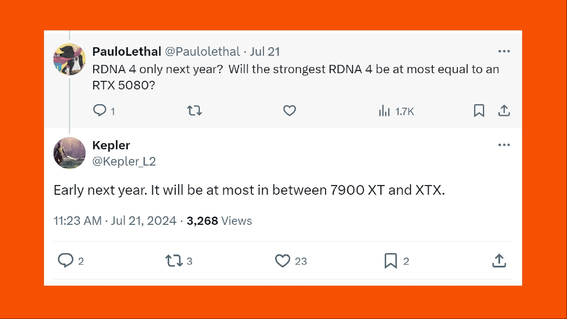 AMD RDNA 4 between Radeon RX 7900 XT and XTX - Kepler_L2 tweet