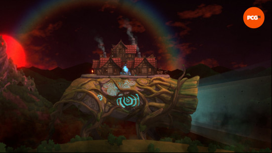 a four-legged tree creature with wooden houses on its back walks through a dark storm. the sky is hued with red and black