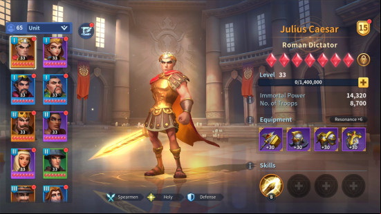 Best gacha games: Infinity Kingdom. Image shows Julius Caesar's stats in the game. 