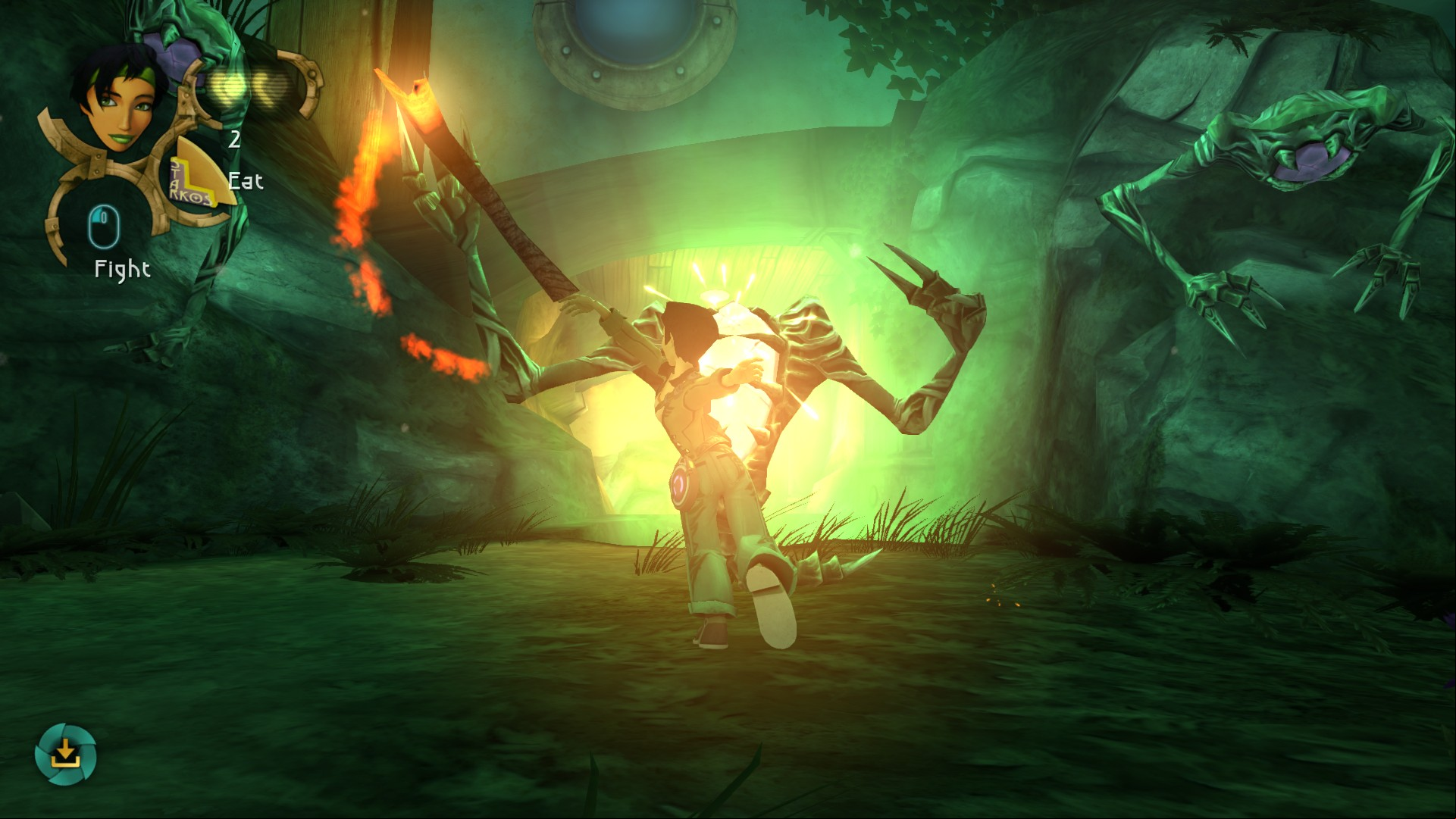 Jade fighting an alien-like enemy in Beyond Good and Evil.