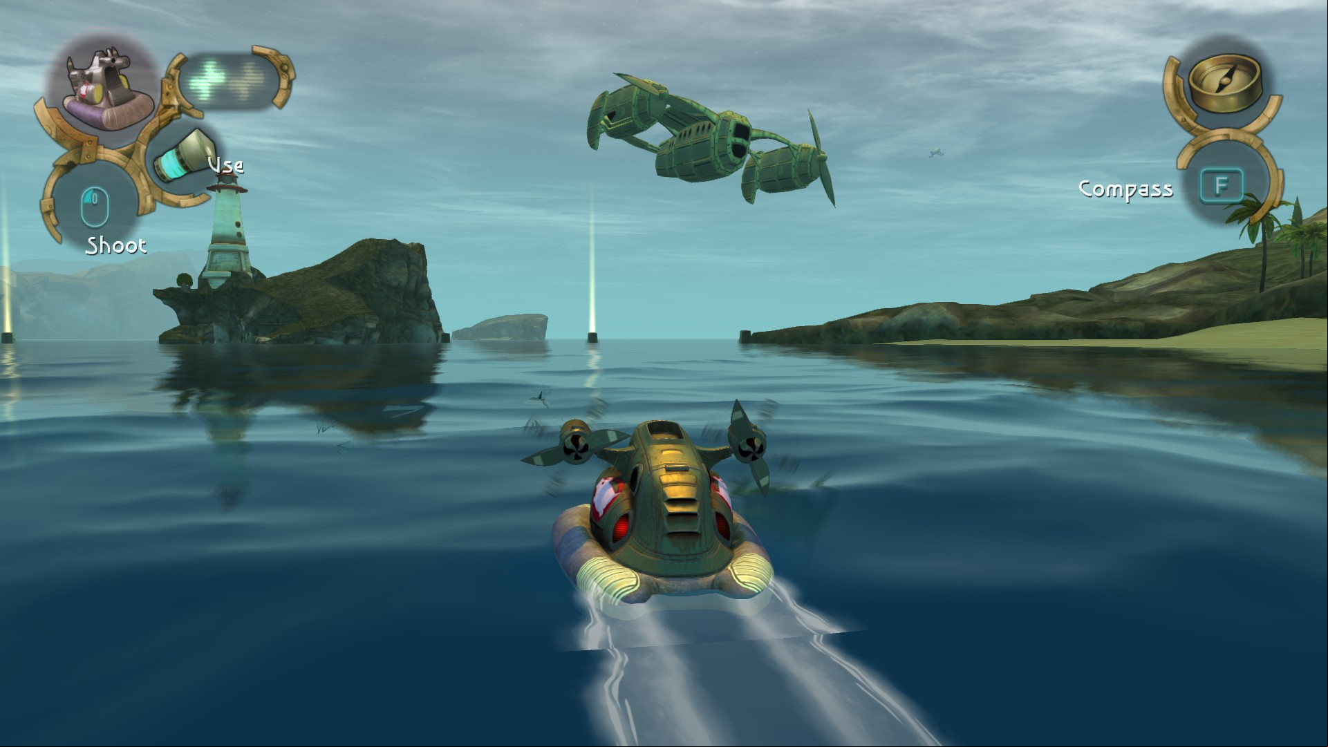 A hovercraft racing across the water in Beyond Good and Evil.