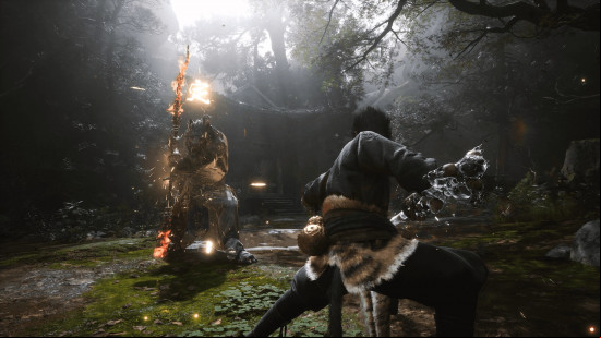 Black Myth Wukong new game plus: a martial arts warrior with a staff stands in an aggressive pose.