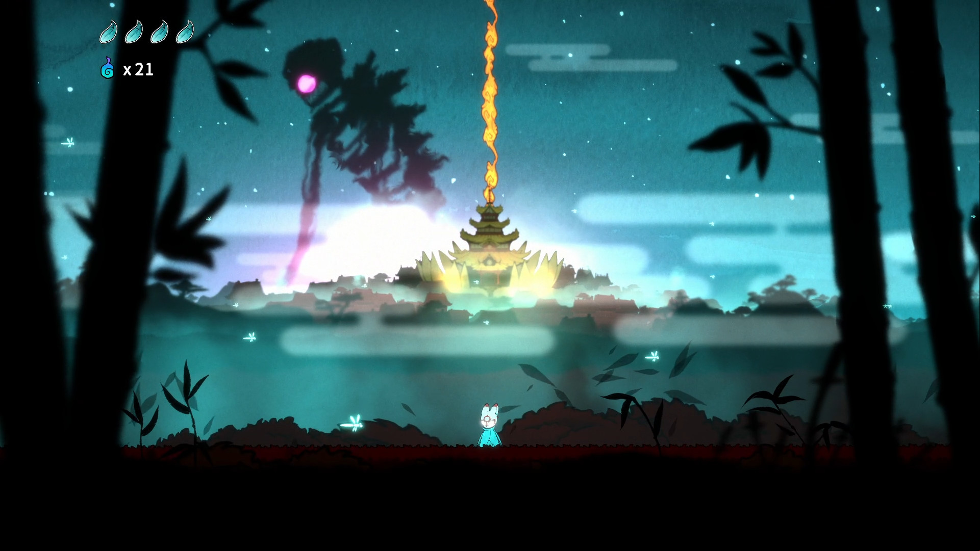 A giant skeleton walks across the background as Bo explores.