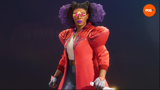 Concord characters: a woman with purple hair wearing red glasses and a red overcoat