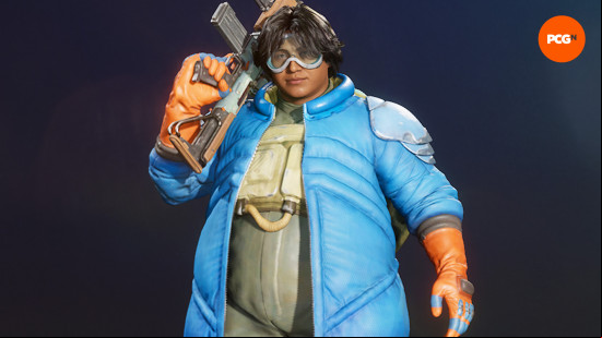 Concord characters: a large man wearing a blue overcoat and orange gloves