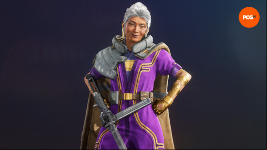 Concord characters: an older woman wearing a purple jumpsuit and a sand-colored cape