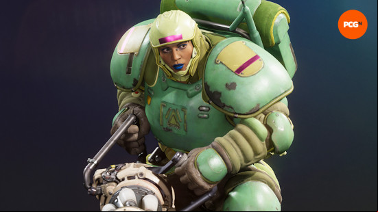 Concord characters: a heavily-armored woman holding a huge minigun