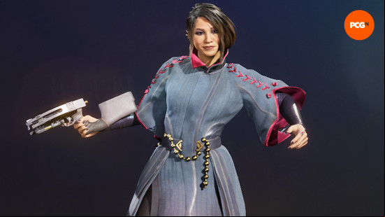 Concord characters: a woman wearing a blue and purple outfit, holding a crossbow
