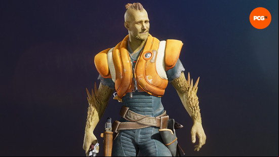 Concord characters: a green, spiked alien man wearing a blue and orange outfit