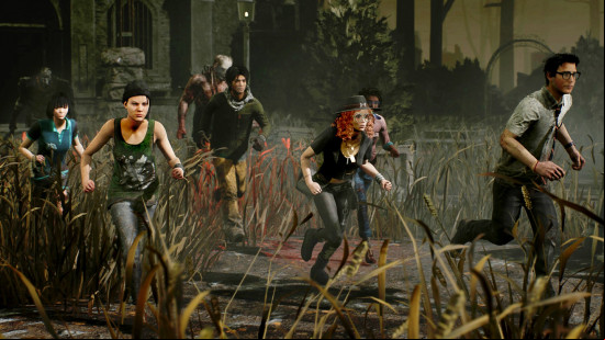 Five survivors are chased by two killers in DBD 2V8 mode.