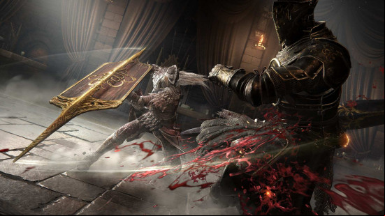 Elden Ring patch notes 1.13: A player wearing medium armor slashing an enemy knight with a spike-tipped shield.