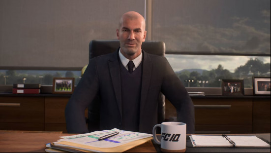 fc-25-zidane EA Sports FC 25 crossplay: a bald man sits at a desk.