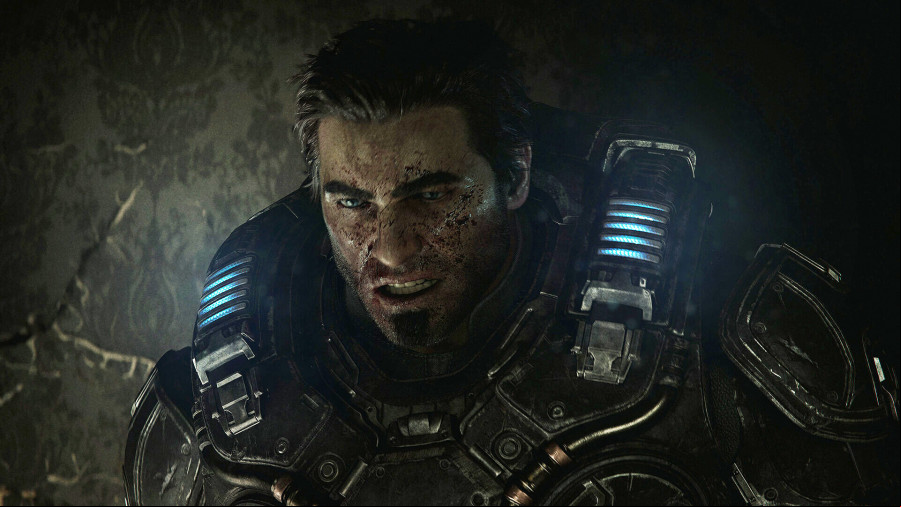 Gears of War E-Day: Marcus Fenix without his bandana, pushed up against a wall