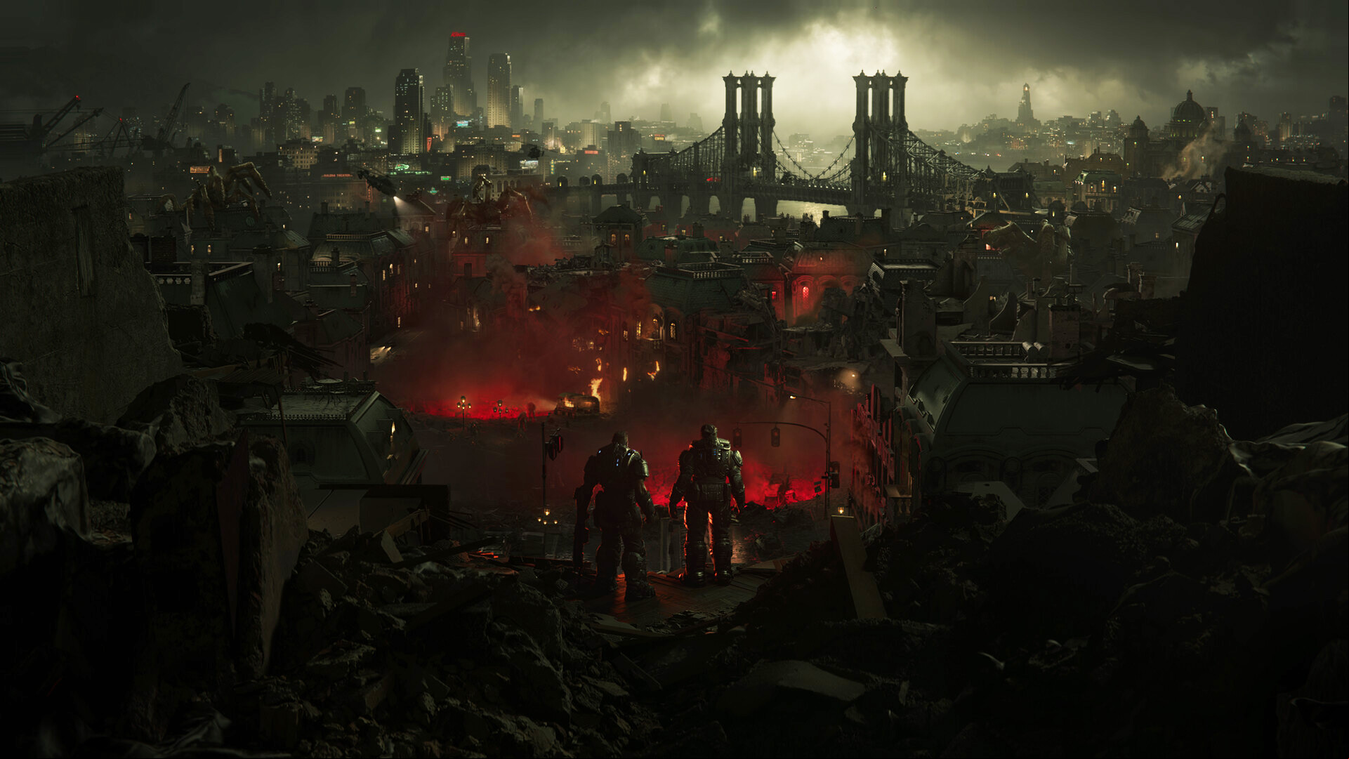 Gears of War E-Day release date: Marcus and Dom watching the city of Kalona being destroyed