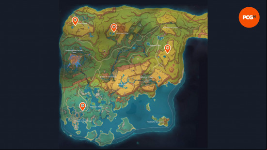 All Genshin mpact Natlan Shrine of Depths locations marked on a map of the area