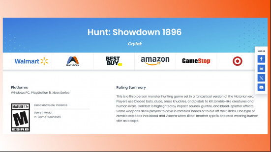 Hunt Showdown 2 might actually be happening as new FPS game leaks: A screenshot of an ESRB ratings page with details on Hunt Showdown's sequel.