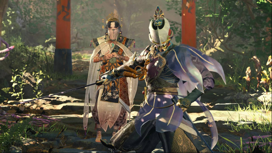 Kunitsu-Gami: Path of the Goddess - A ninja style warrior stands in front of a young Asian woman in traditional regal clothing