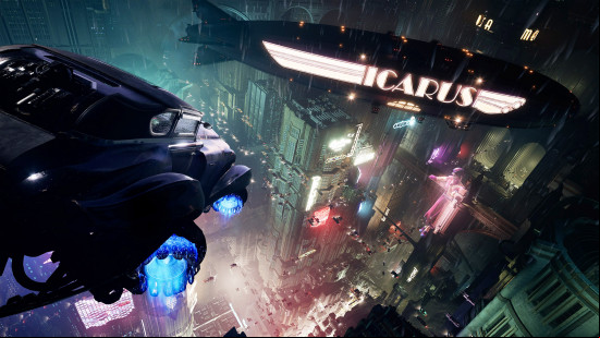 Nobody Wants to Die review: a moody city view featuring a flying car and a blimp