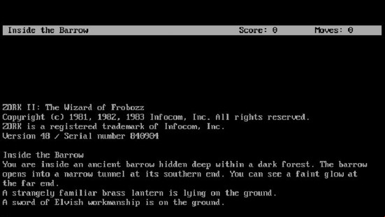 White text on a black screen tells the beginning of a story in Zork, one of the best old PC games.