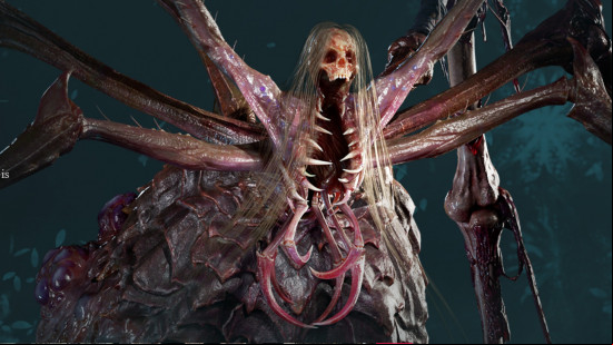 A large arachnid with a human skeleton head, long hair, and a long vertical mouth on its chest, one of the Once Human bosses.