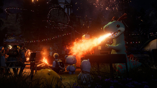 Chefasaurus Rex, one of the best Once Human Deviations, shots a flame from its mouth to cook food.